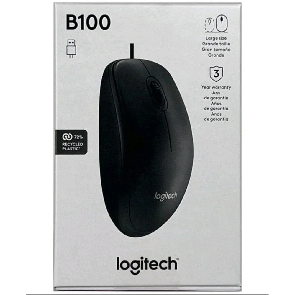 LOT of 10-2025 NEW Logitech B100 Ambidextrous 1000 DPI USB Wired 4-Way Mouse